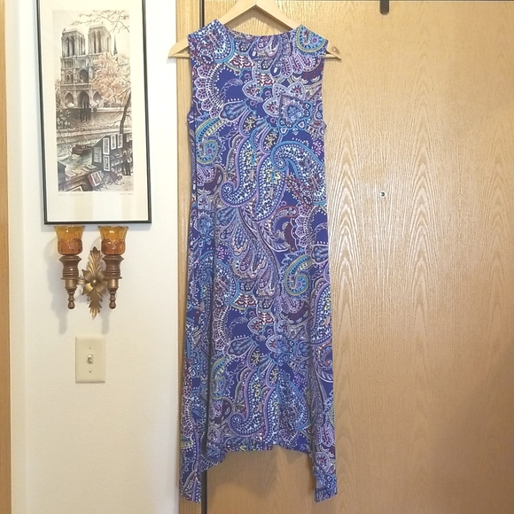 Chico's size 1 or 8/10 blue paisley midi length sharkbite sundress. - Picture 4 of 8